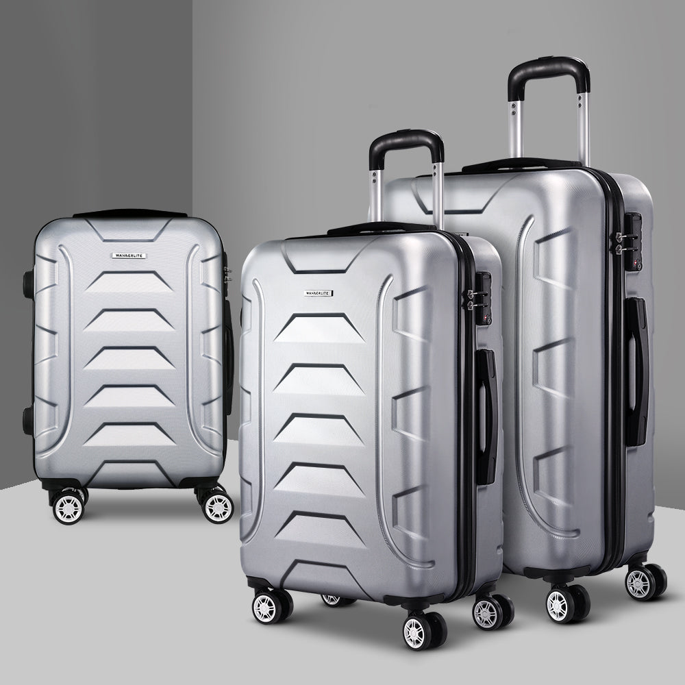 Wanderlite 3pcs Luggage Suitcase Set Trolley Travel TSA Lightweight Hard Case Silver