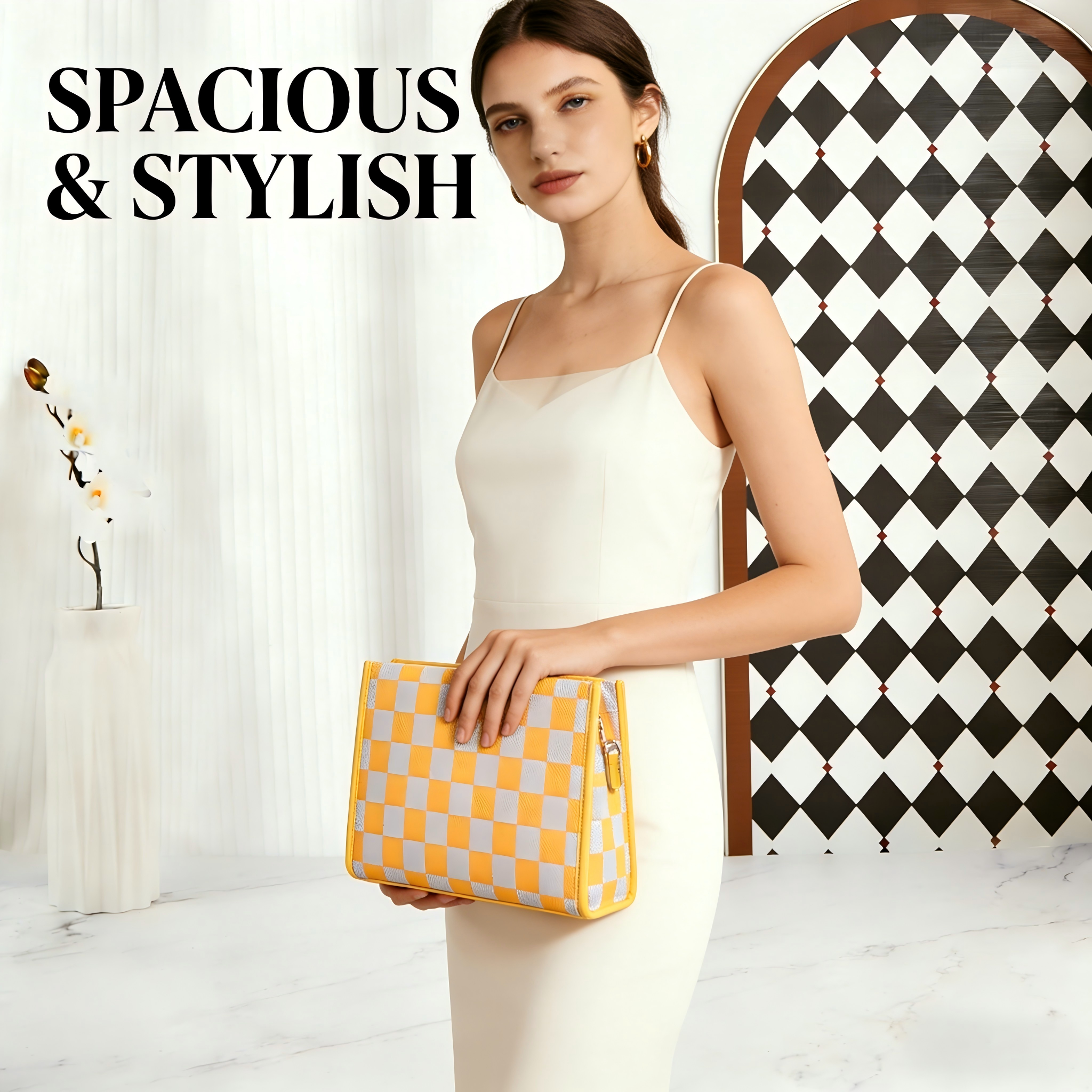 Yuanqi Checkerboard" Warm Yellow tote bag | Two-in-one handbag and cross-body bag