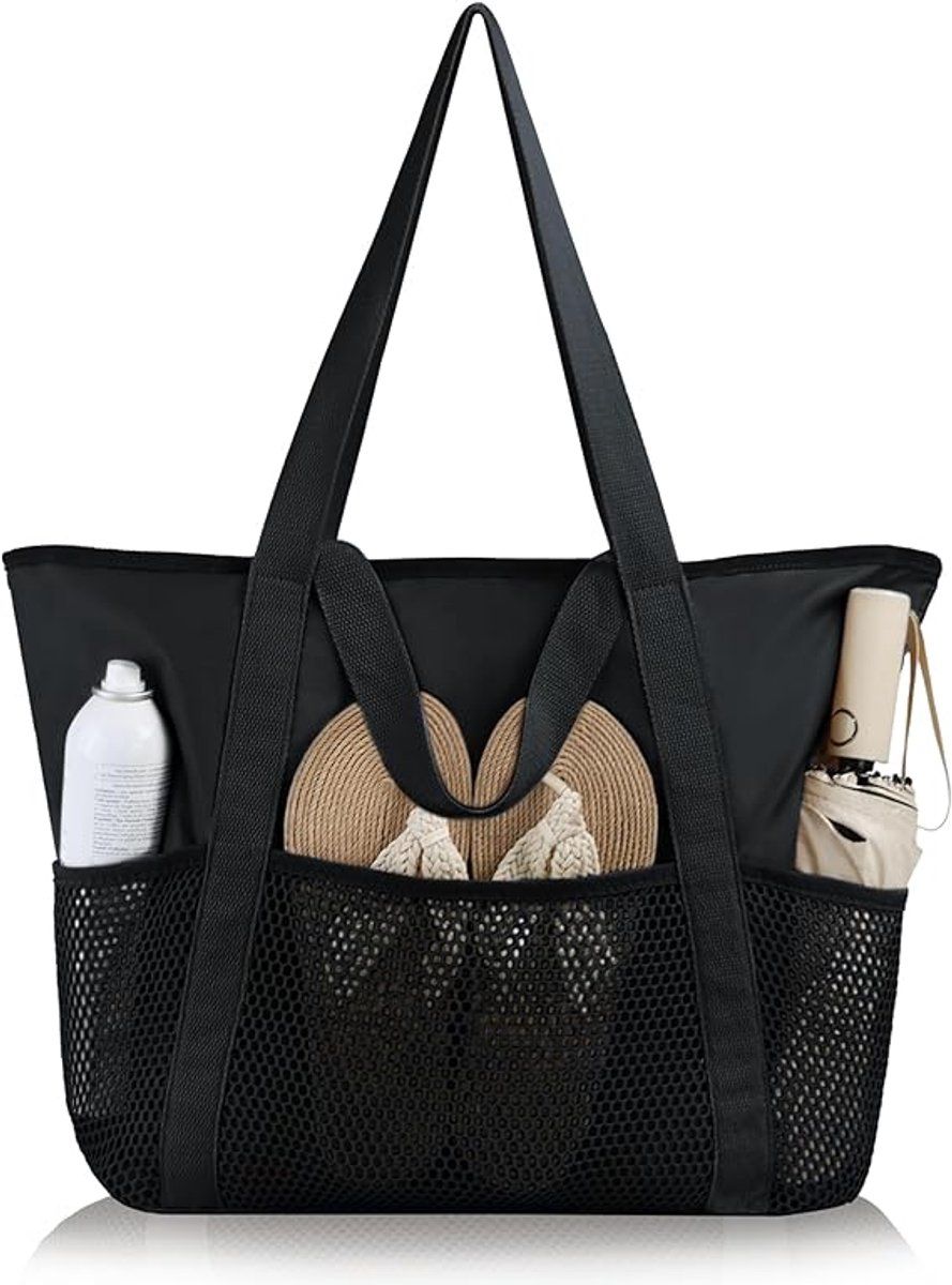 Women's Beach Bag, Beach Bag for the Whole Family, Waterproof Mesh Beach Bag, Fashionable and Versatile Bag for Beach, XXL Black