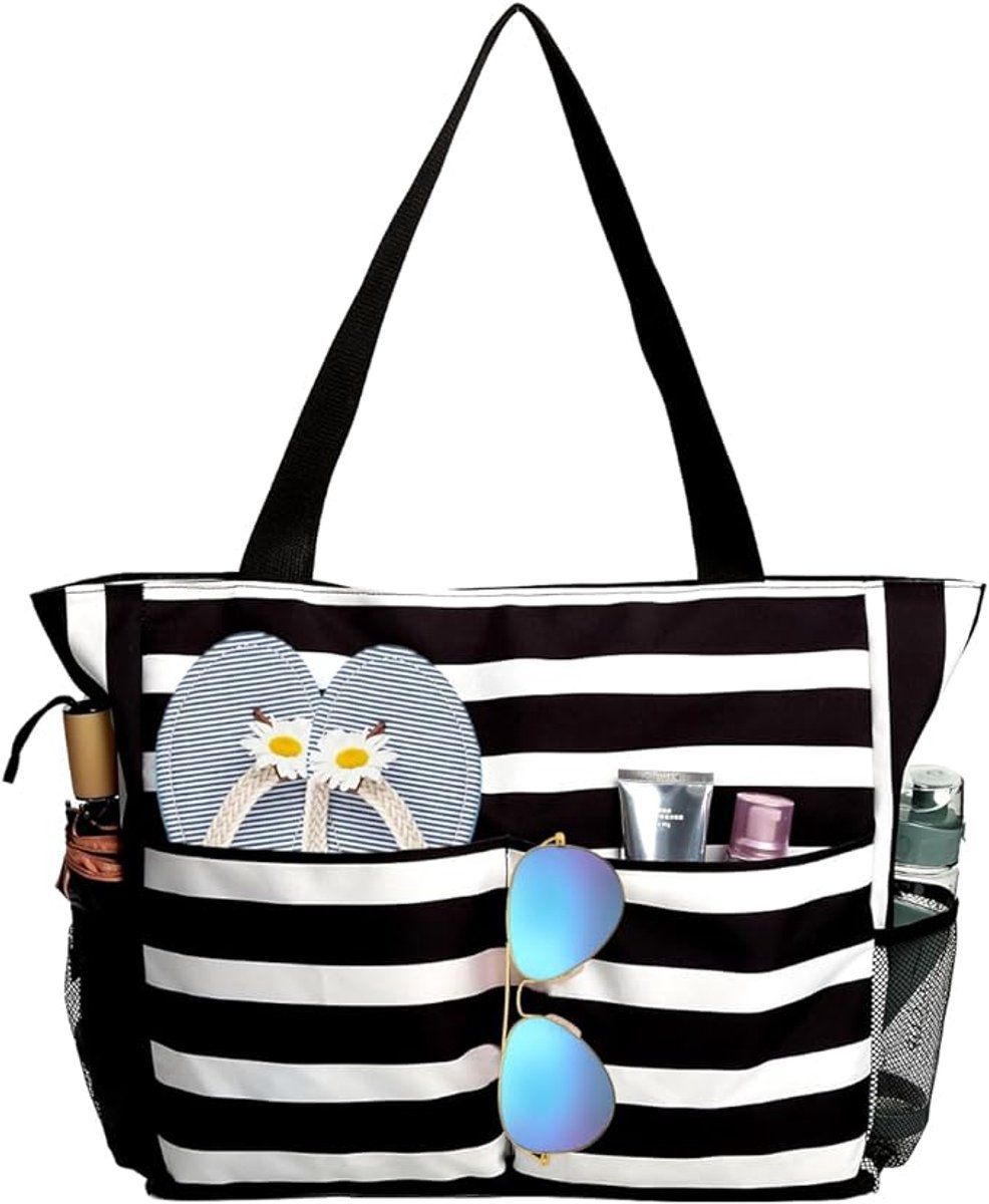 Large Zipper Beach Bag | 8 Compartments Foldable | Black & Blue