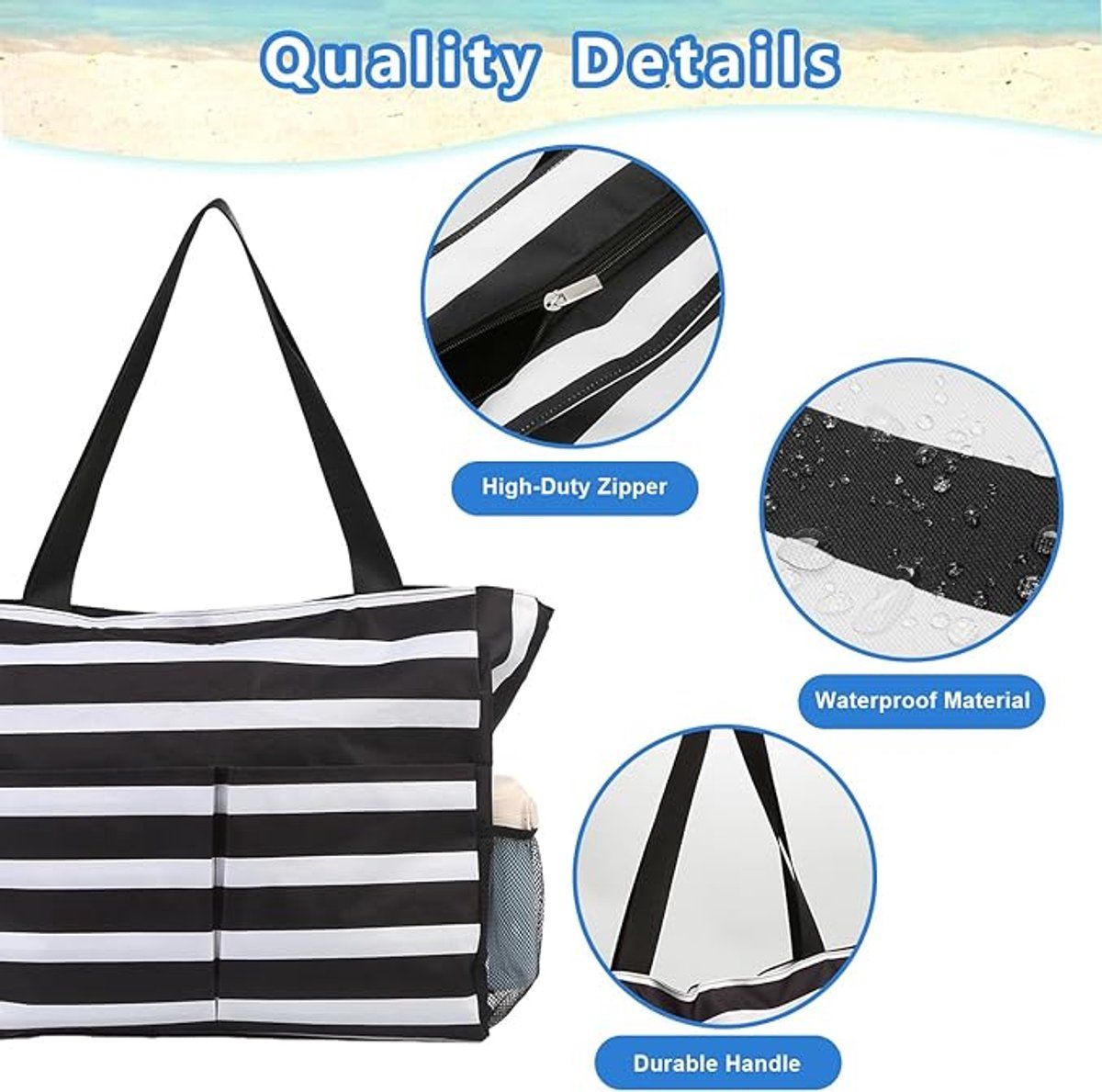 Large Zipper Beach Bag | 8 Compartments Foldable | Black & Blue