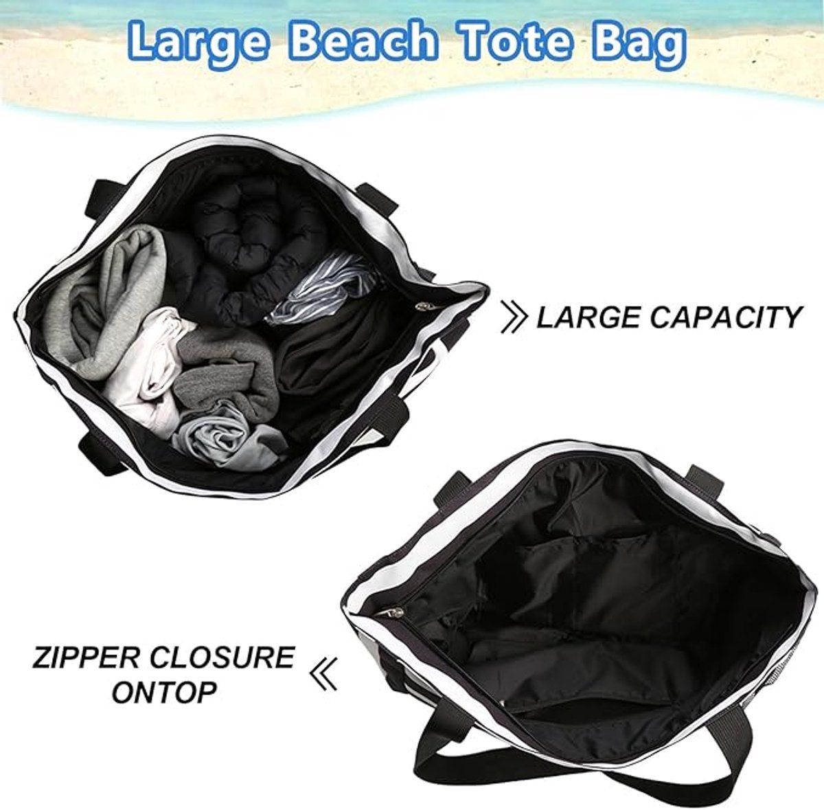 Large Zipper Beach Bag | 8 Compartments Foldable | Black & Blue