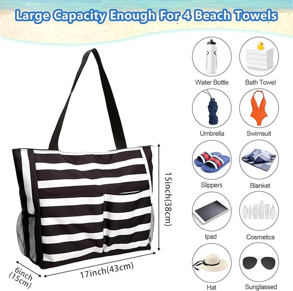 Large Zipper Beach Bag | 8 Compartments Foldable | Black & Blue