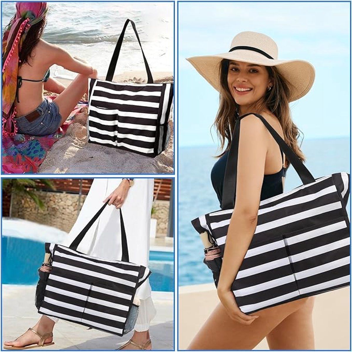 Large Zipper Beach Bag | 8 Compartments Foldable | Black & Blue