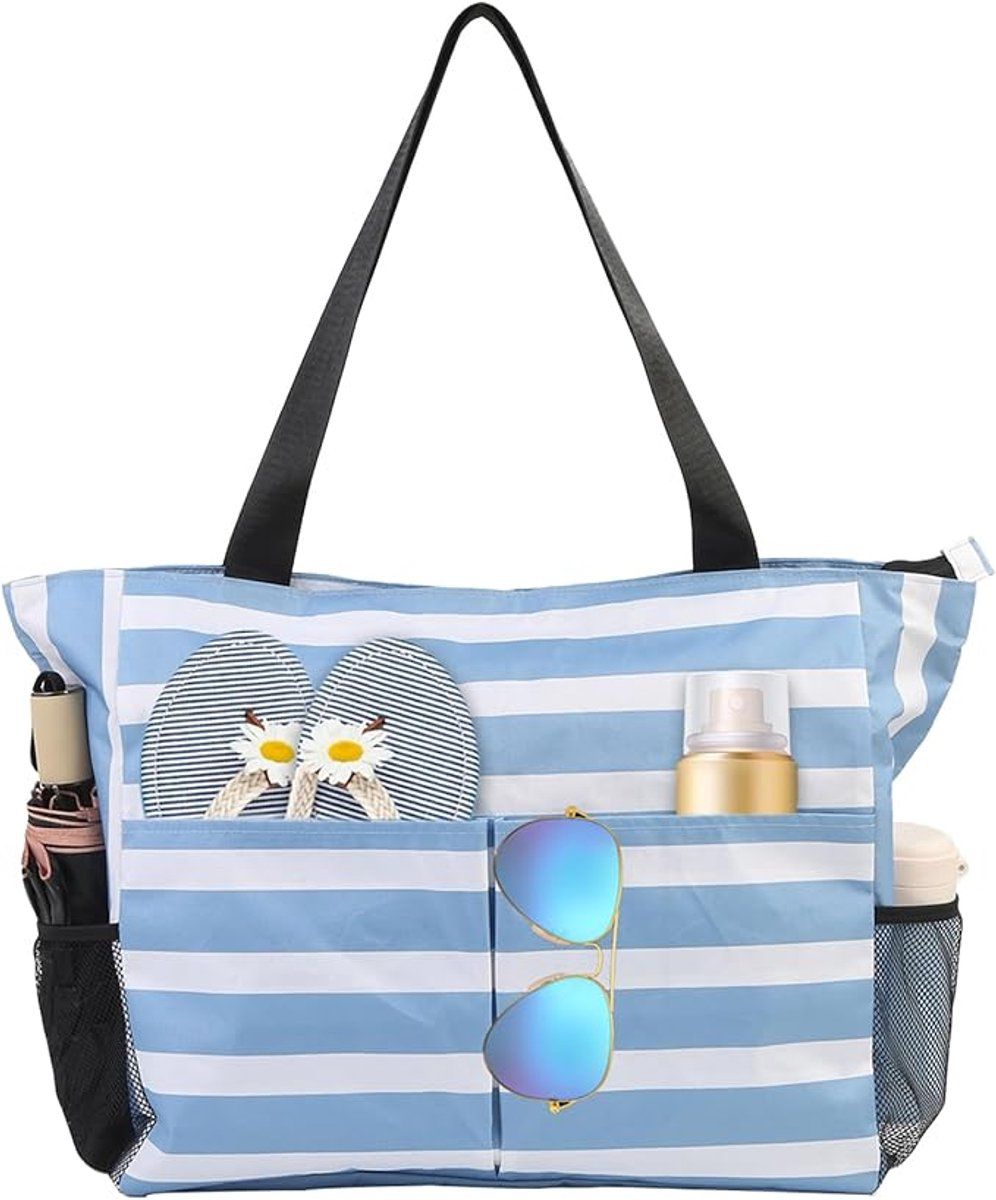 Large Zipper Beach Bag | 8 Compartments Foldable | Black & Blue