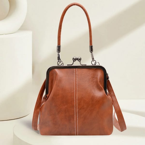 Vintage Kiss-Clasp Crossbody Bag - Soft PU Leather Shoulder Bag