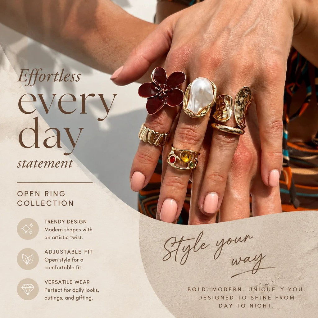 Floral Stackable Ring Set – Red & Gold, 6 Pack