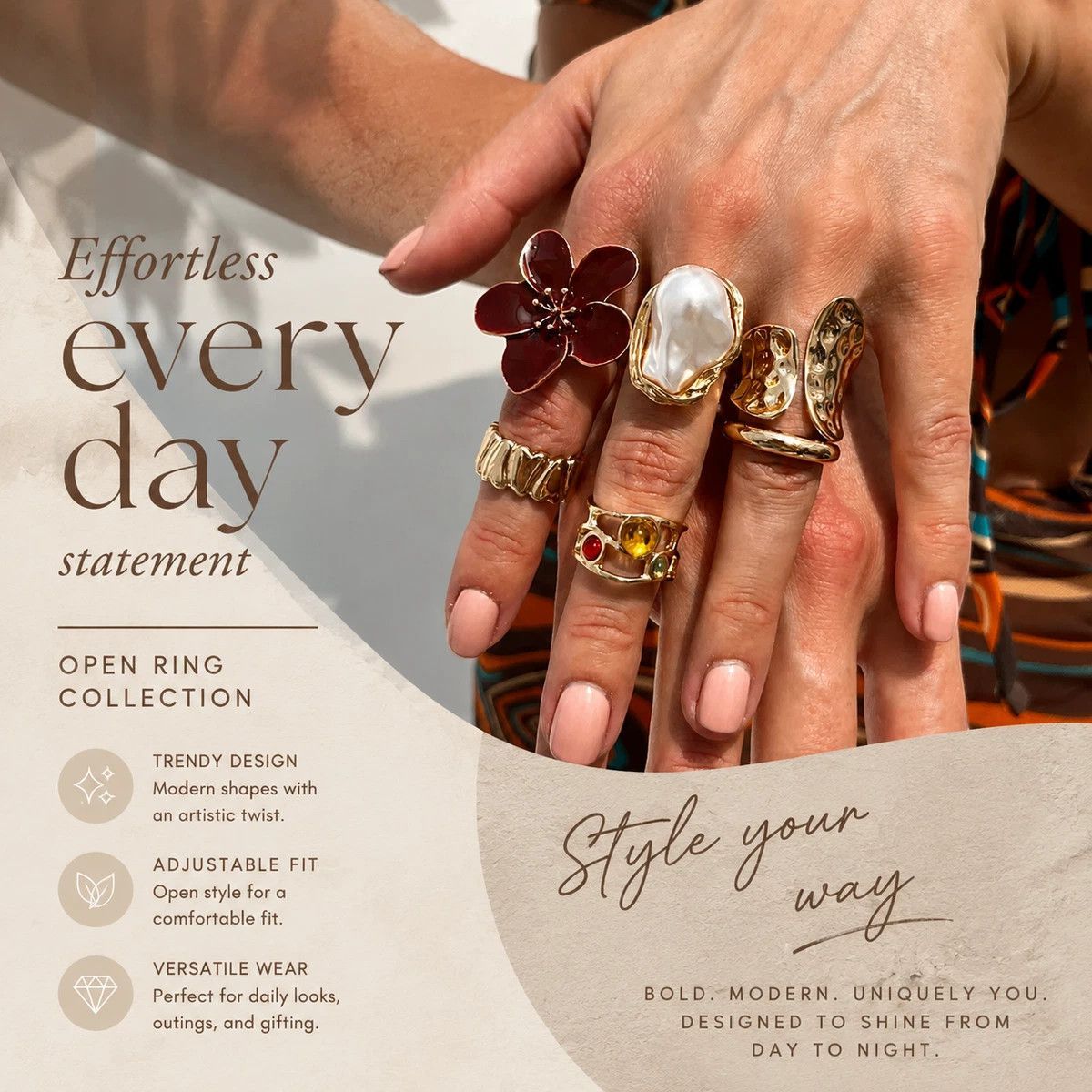 Floral Stackable Ring Set – Red & Gold, 6 Pack