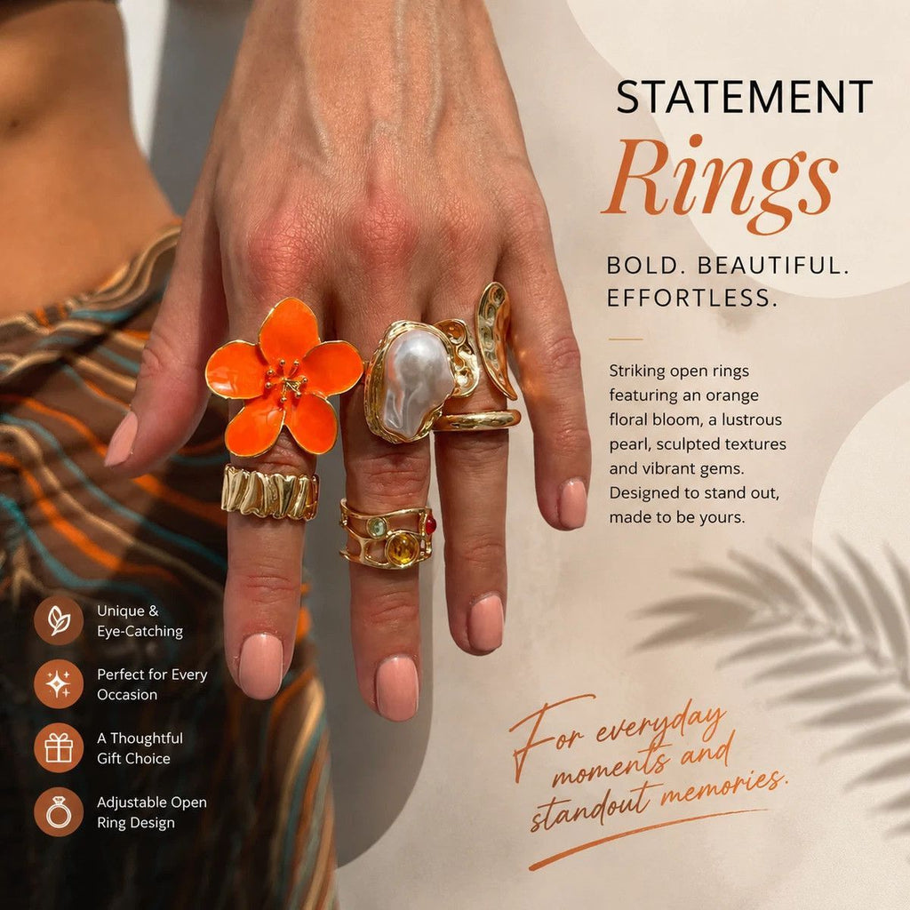 Floral Stackable Ring Set – Orange & Gold, 6 Pack
