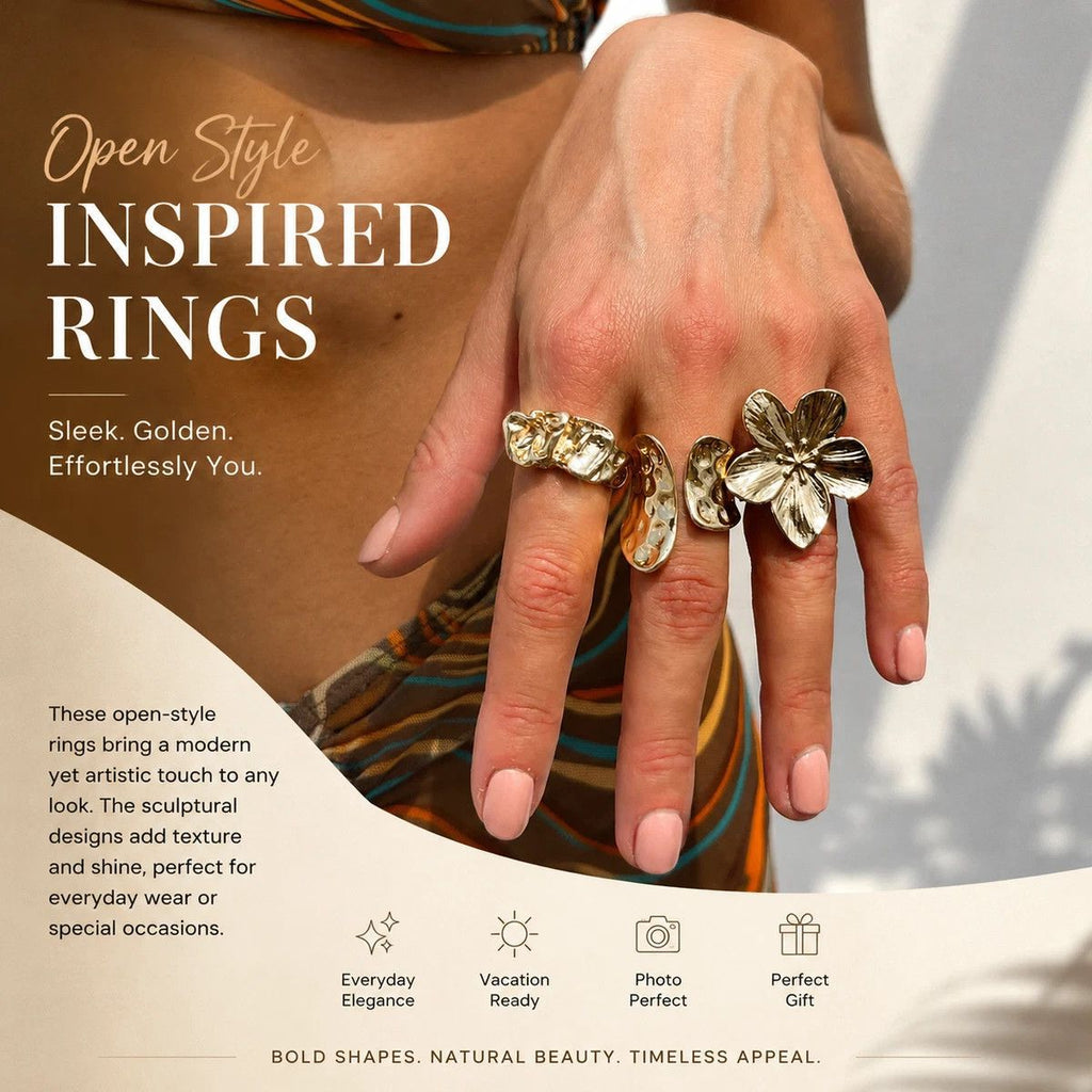 Floral Open Ring Set – Light Gold, 3 Pack