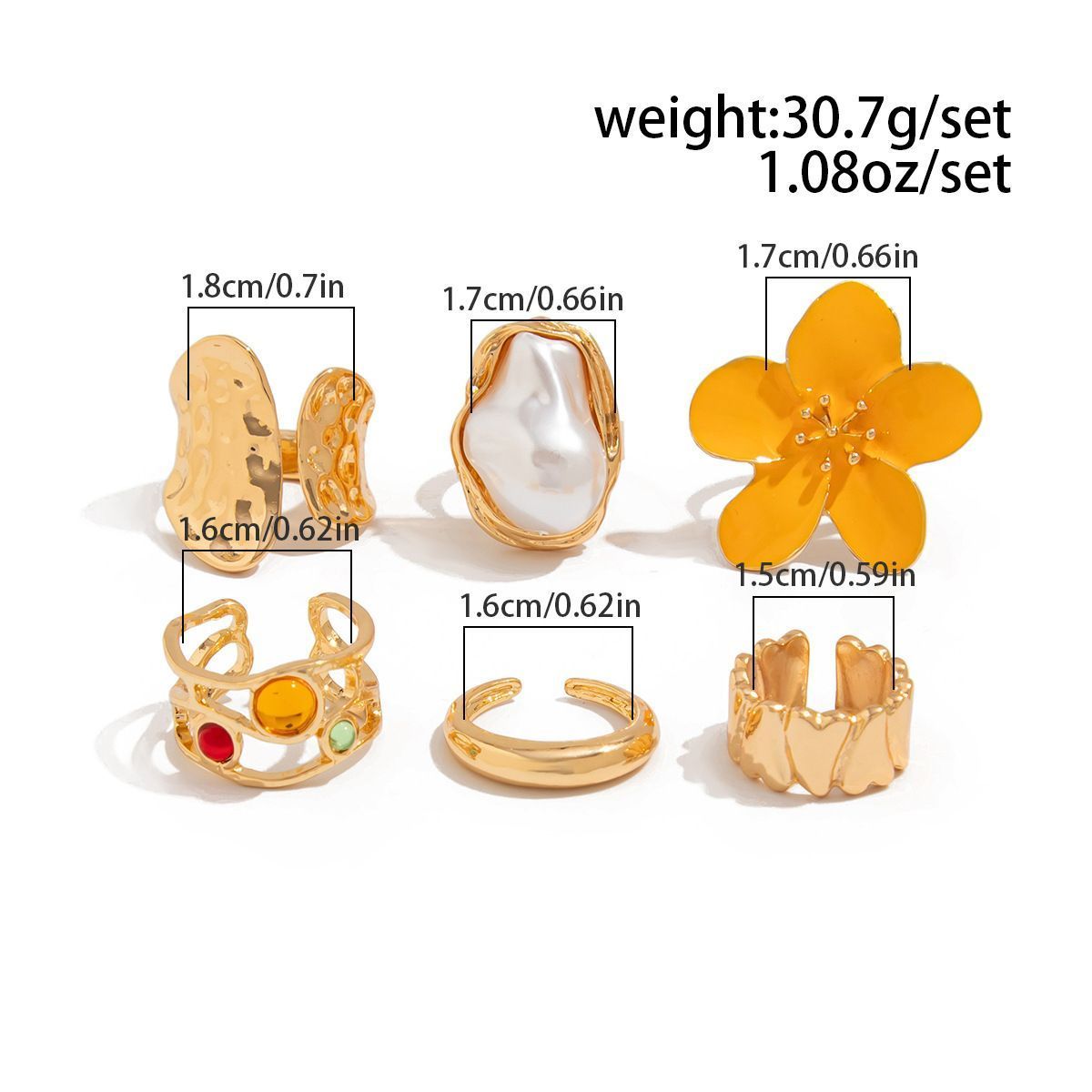 Floral Stackable Ring Set – Light Gold, 5 Pack