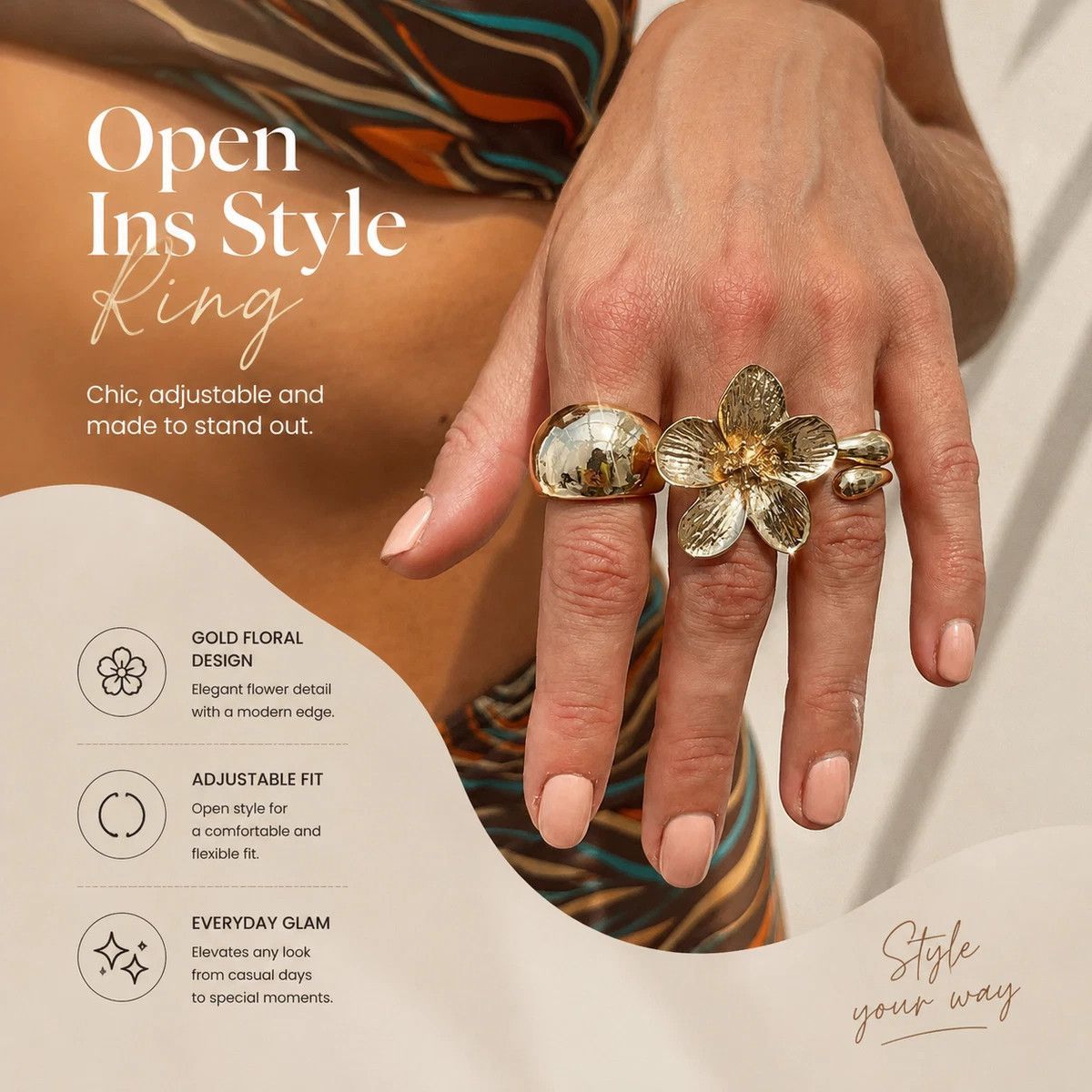 Floral Stackable Ring Set – Light Gold, 3 Pack