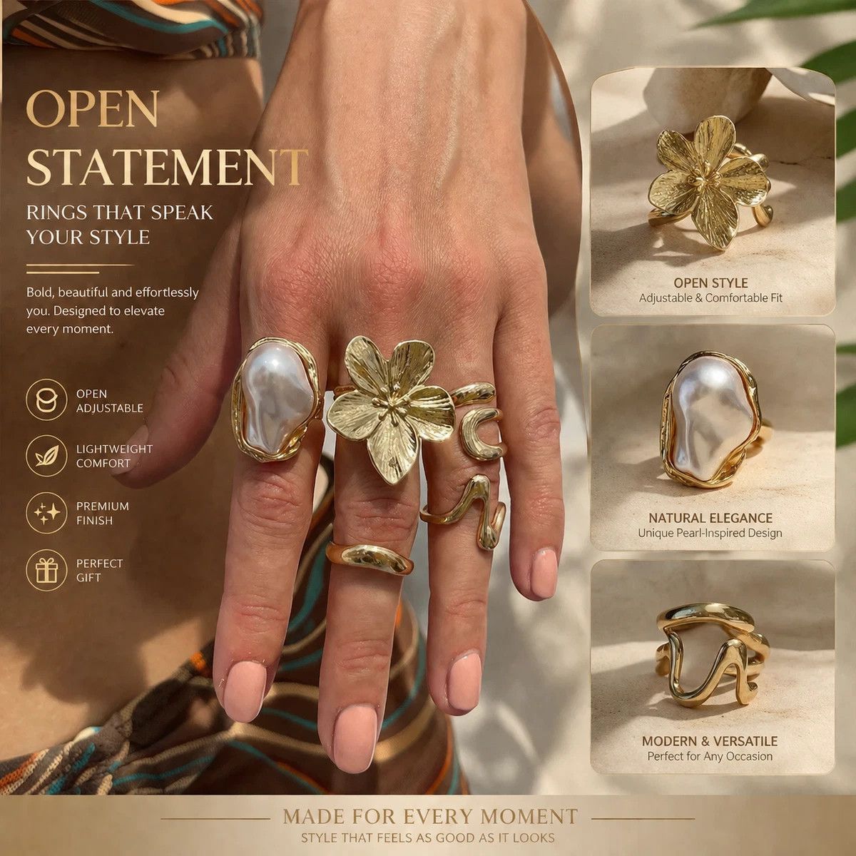 Layered Floral Ring Stack – Light Gold, 5 Pack