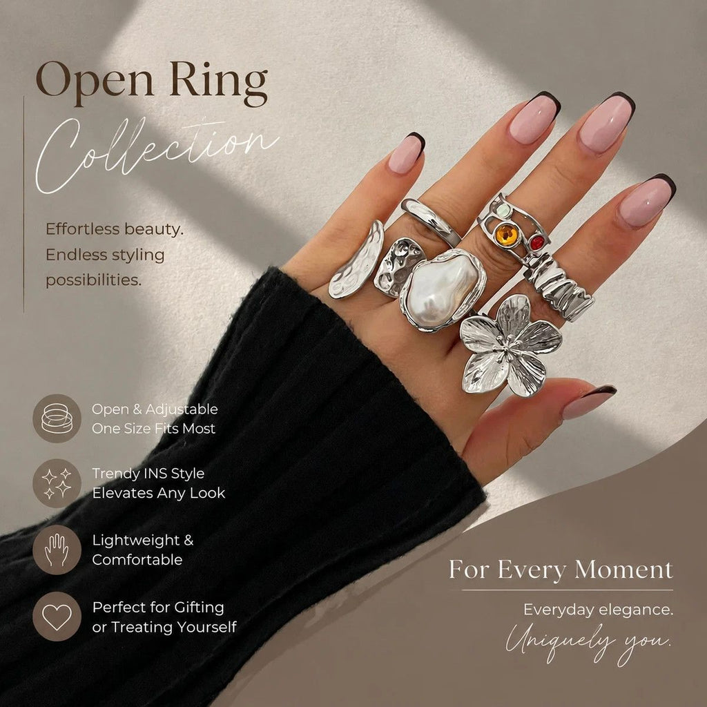 Floral Stackable Ring Set – Light Silver, 6 Pack