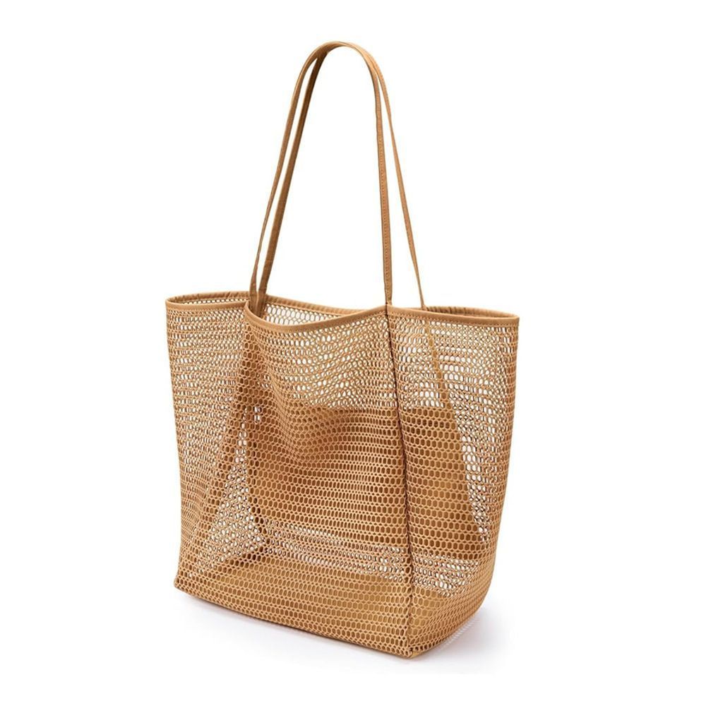 Women Mesh Beach Tote Shoulder Handbag, Brown, Summer Outdoor Travel Daily Use Bag, Christmas & Halloween Vacation Outfit Accessory, Practical Holiday Gift for Ladies