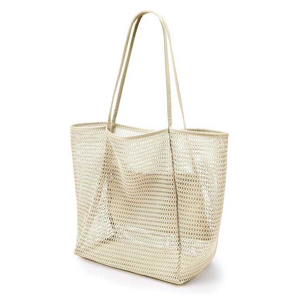 Women Net Yarn Beach Shoulder Tote Bag, Off‑White, Lightweight Travel Play Handbag, Christmas & Halloween Holiday Styling Accessory, Thoughtful Holiday Present