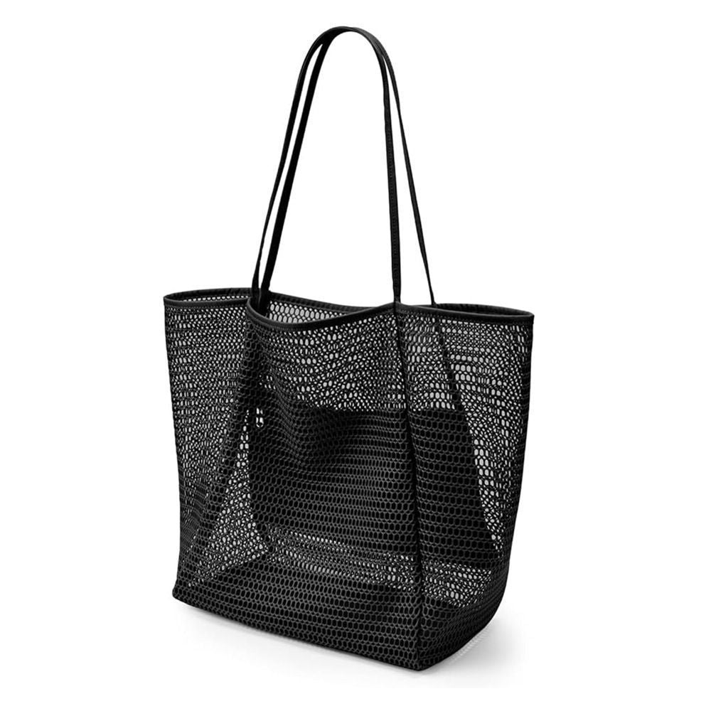 Ladies Mesh Single‑Shoulder Beach Handbag, Black, Summer Outdoor Travel Essential Bag, Christmas & Halloween Trip Matching Accessory, Nice Holiday Souvenir Gift