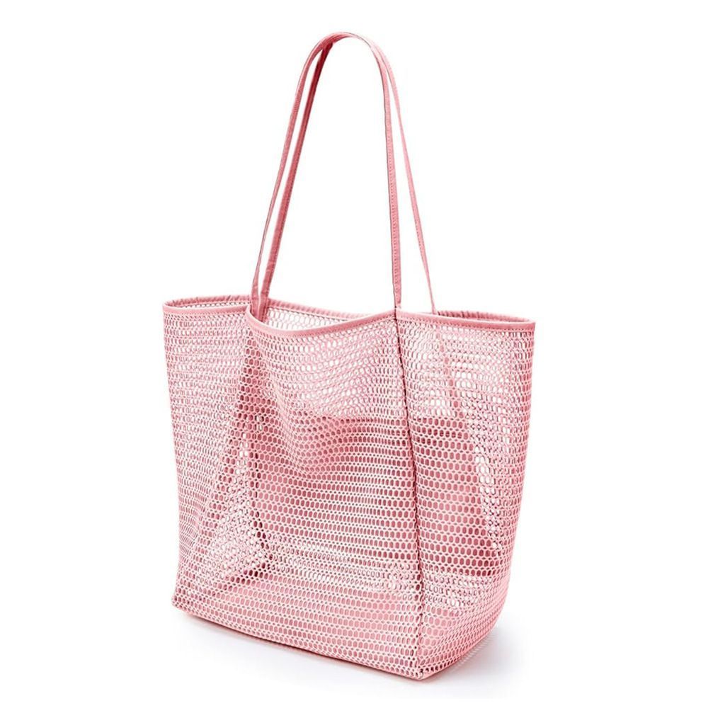 Women Net Mesh Beach Travel Tote Bag, Pink, Portable Outdoor Playing Handbag, Christmas & Halloween Casual Party Accessory, Delicate Holiday Gift