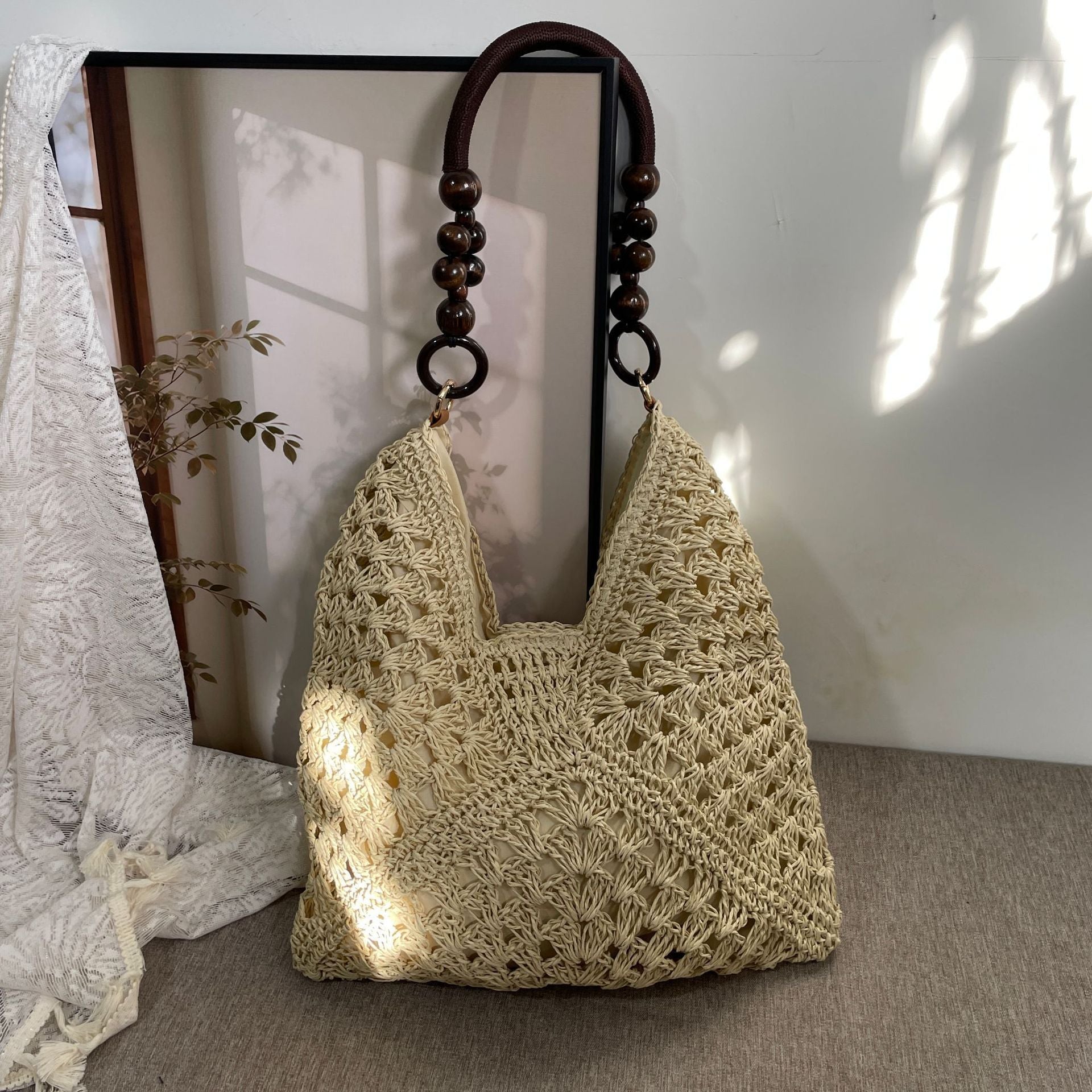 Stylish Paper Rope Crochet Woven Shoulder Bag, Solid Beige Versatile Straw Handbag, Holiday Beach Travel Tote, Christmas Halloween Vacation Fashion Gift
