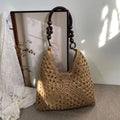 Trendy Handmade Crochet Straw Shoulder Bag, Solid Brown Paper Rope Woven Purse, Ideal for Beach Getaway & Daily Outing, Christmas Halloween Casual Fashion Present