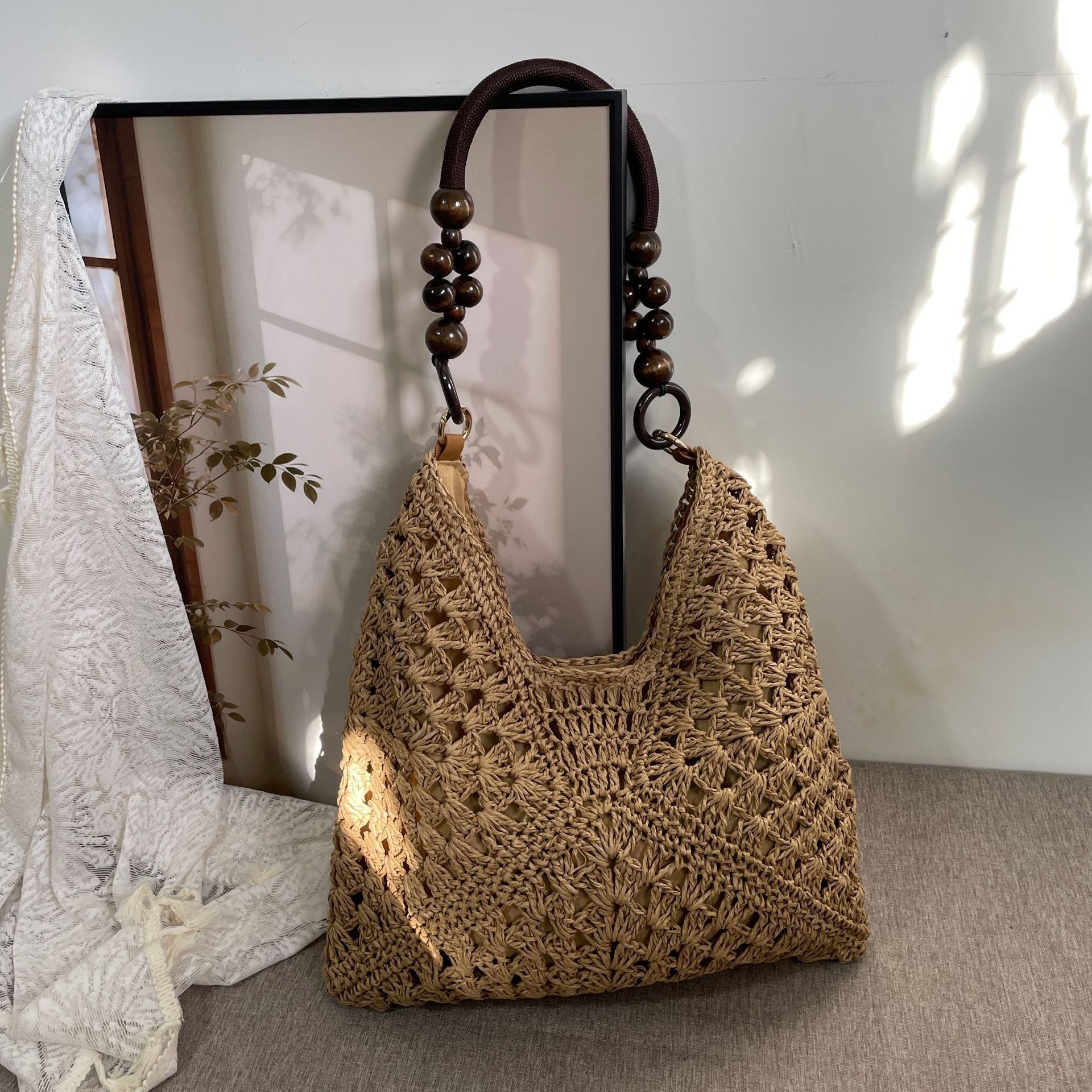 Trendy Handmade Crochet Straw Shoulder Bag, Solid Brown Paper Rope Woven Purse, Ideal for Beach Getaway & Daily Outing, Christmas Halloween Casual Fashion Present
