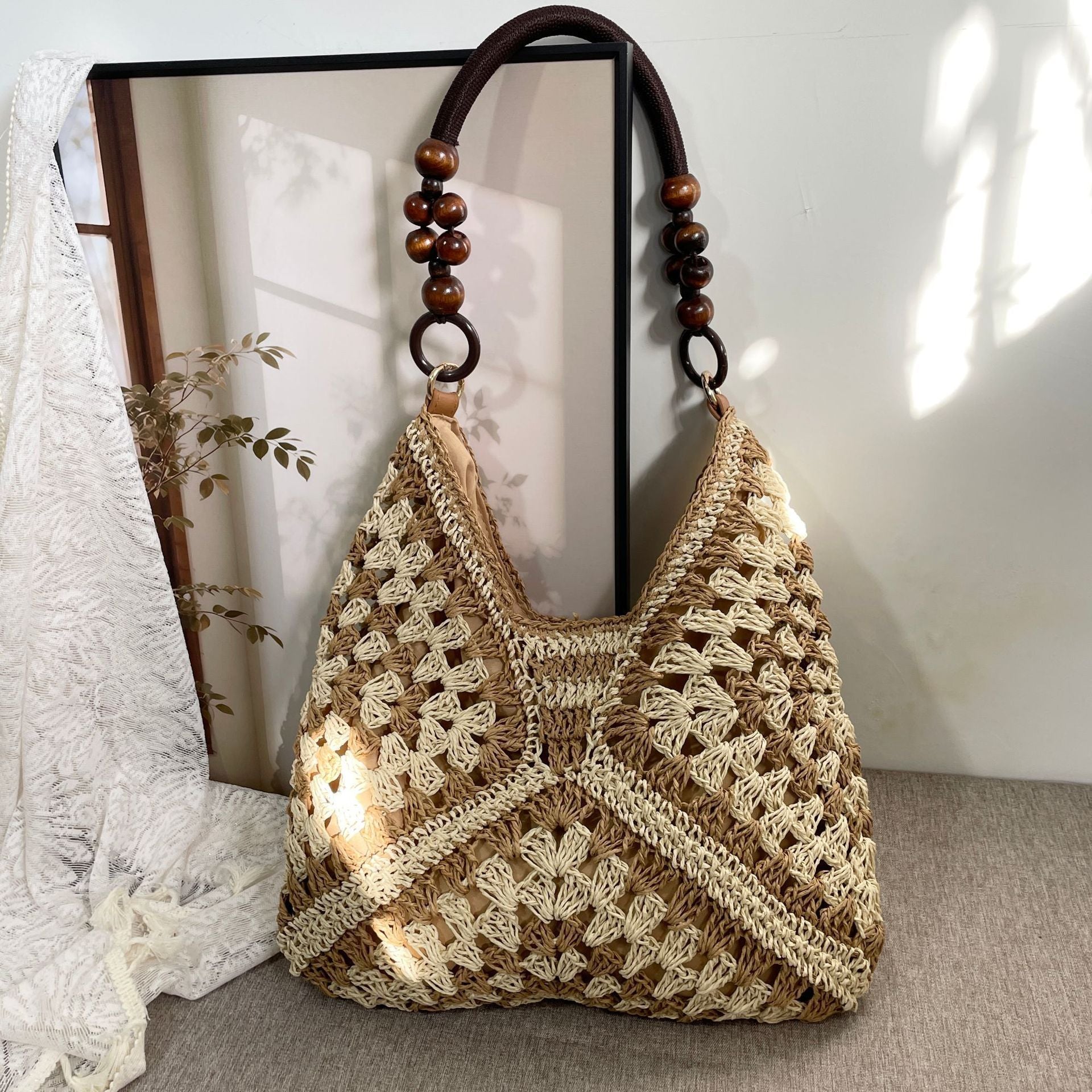 Versatile Paper Rope Woven Vacation Shoulder Bag, Brown Mixed Color Crochet Straw Handbag, Chic Beach Travel Accessory, Christmas Halloween Holiday Gift for Her