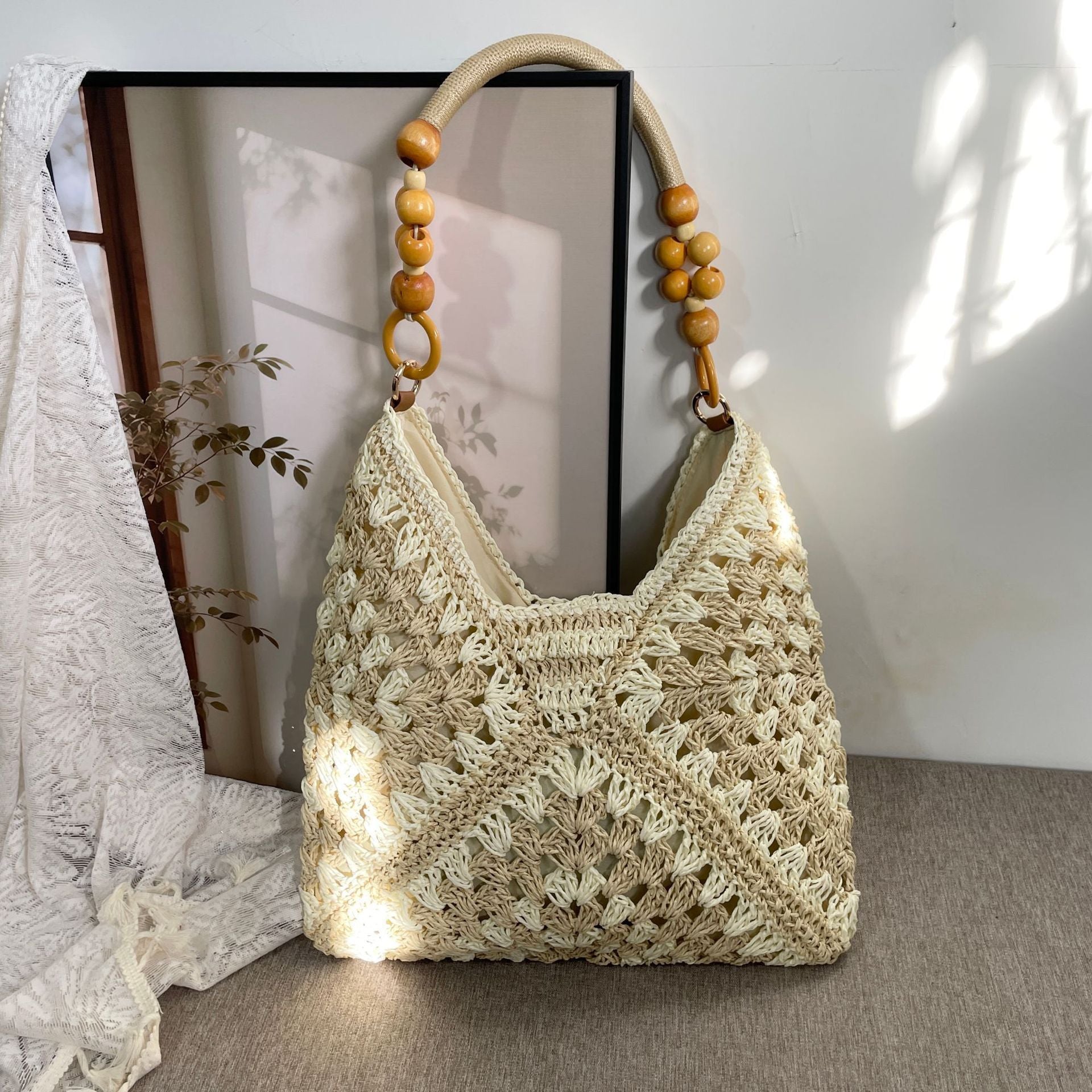 Casual Crochet Straw Beach Handbag, Beige Mixed Tone Paper Rope Woven Shoulder Bag, Stylish Travel Daily Purse, Christmas Halloween Fashion Holiday Present