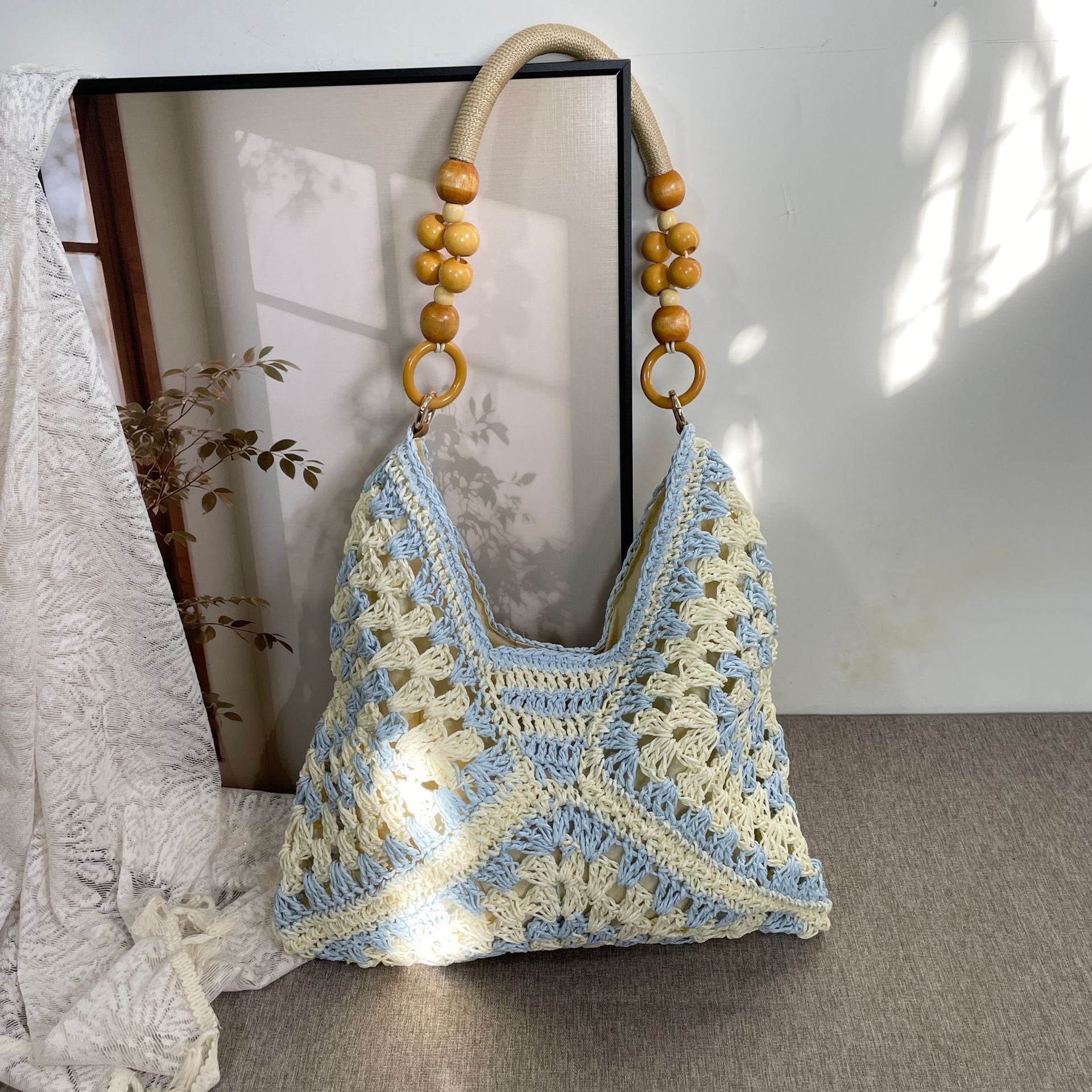 Elegant Paper Rope Crochet Woven Shoulder Bag, Sky Blue Solid Straw Handbag, Lightweight Vacation Beach Tote, Christmas Halloween Travel Accessory Gift