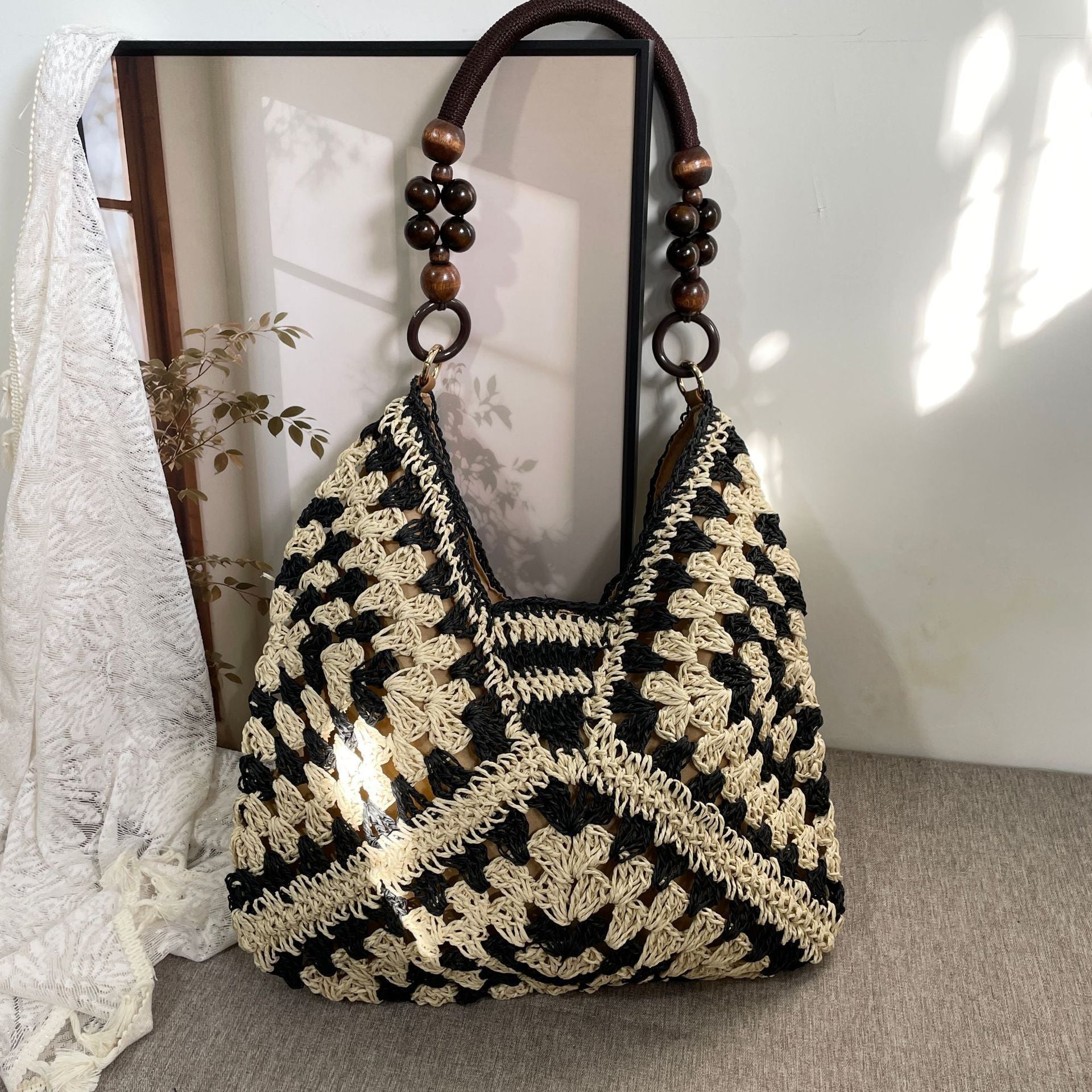 Fashion Handmade Crochet Straw Shoulder Bag, Black Mixed Color Paper Rope Woven Purse, Multi‑Scene Beach Travel Handbag, Christmas Halloween Ladies Casual Gift