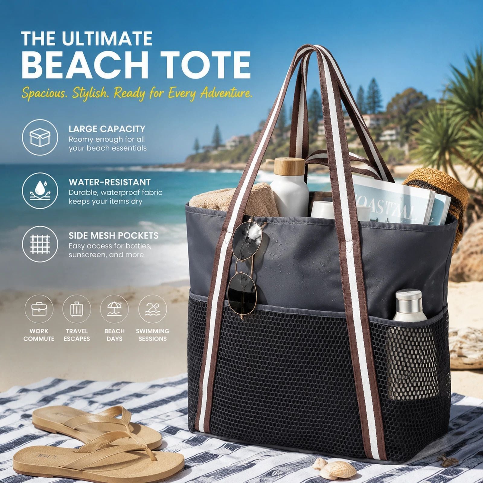 Large Waterproof Beach Bag | Zip Closure | 3 Colours