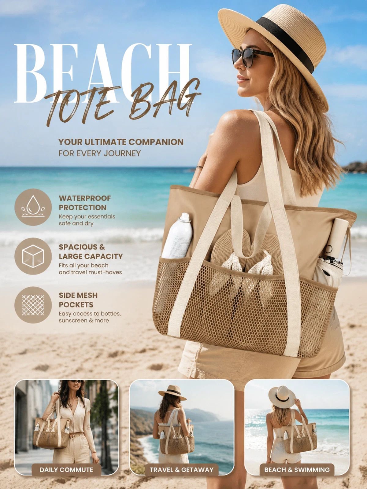 Large Waterproof Beach Bag | Zip Closure | 3 Colours