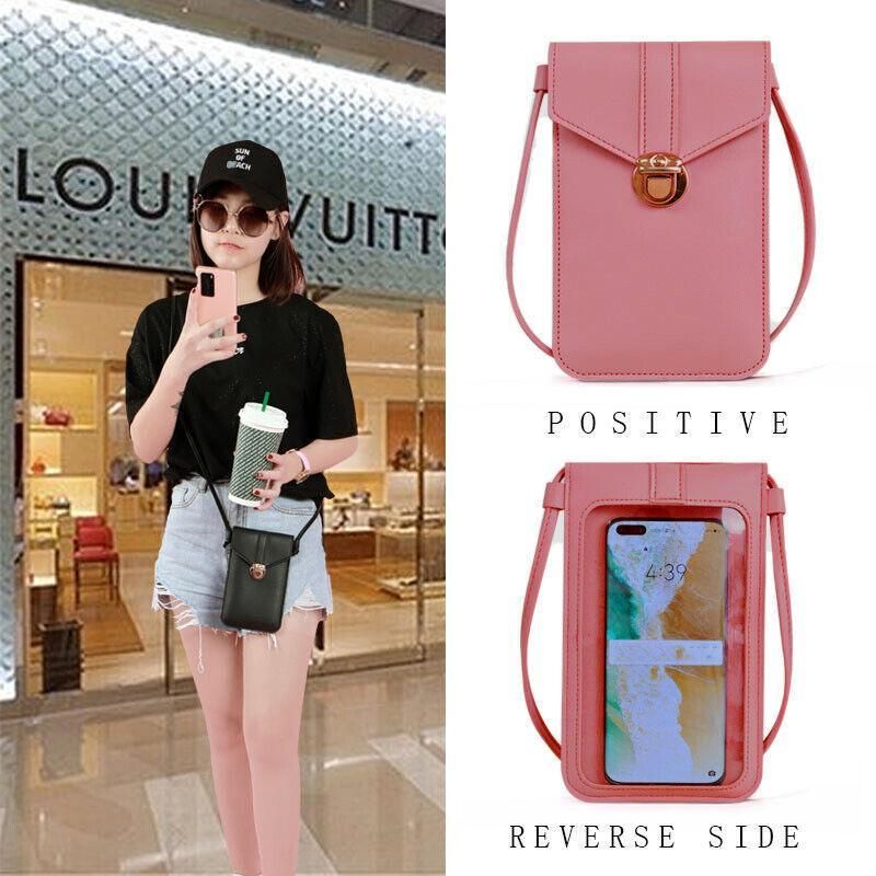 Touch Screen Crossbody Phone Bag with Clear Window - Pink
