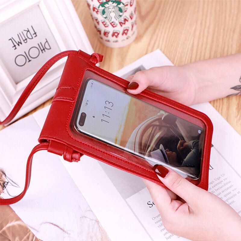 Touch Screen Crossbody Phone Bag with Clear Window - Red