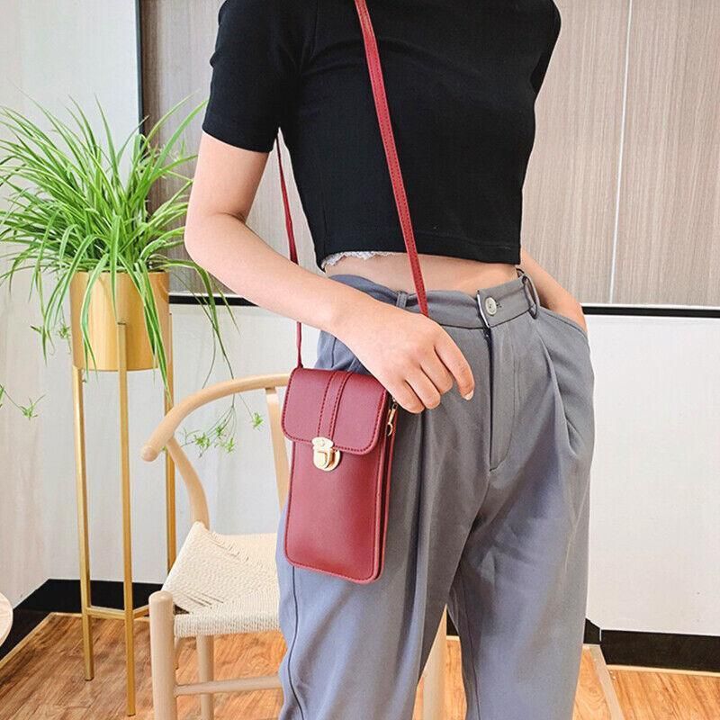 Touch Screen Crossbody Phone Bag with Clear Window - Red