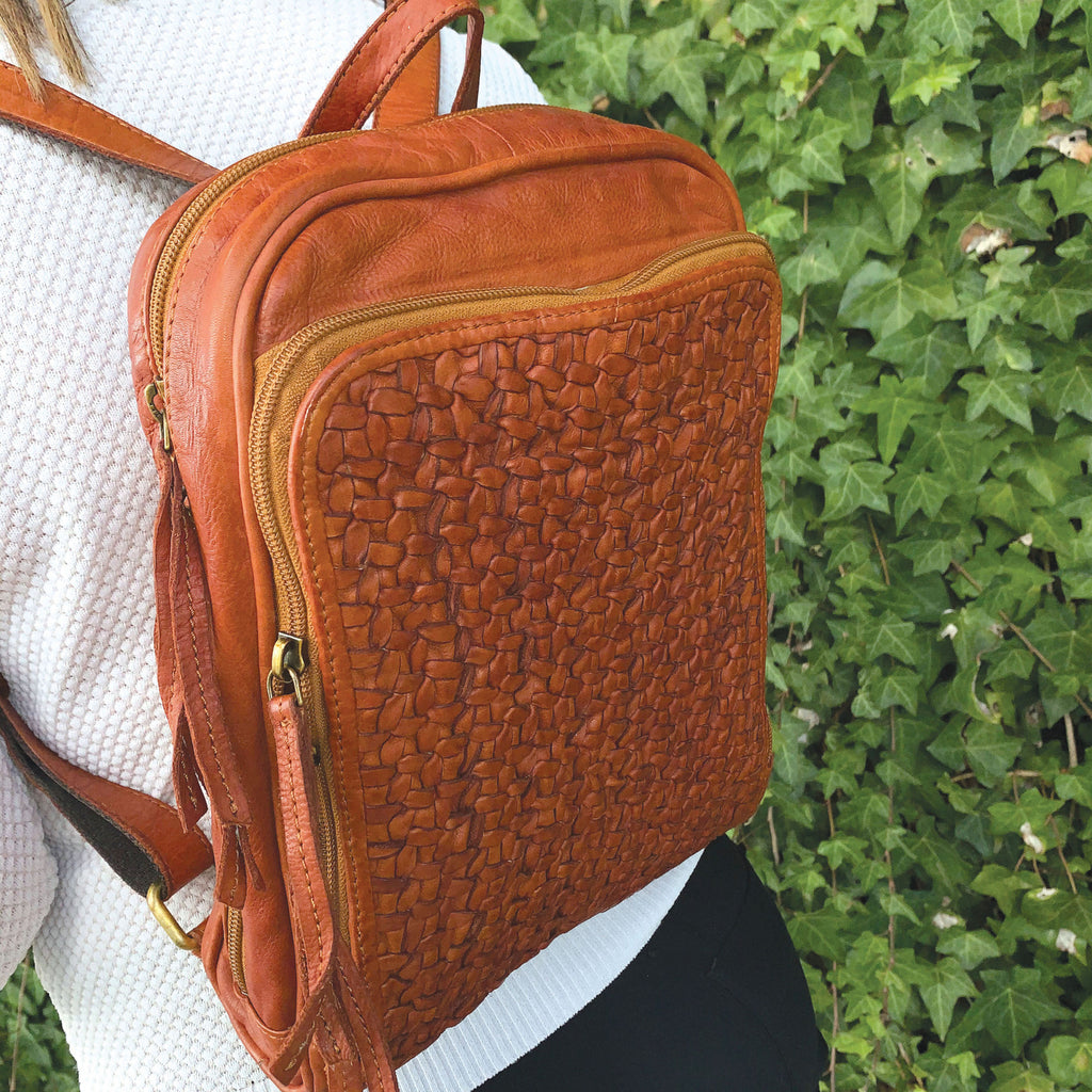 Pierre Cardin Woven Leather Backpack – Cognac