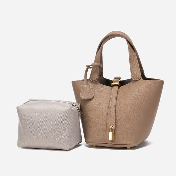 Elegant Leather Tote Handbag with Gold Lock Detail