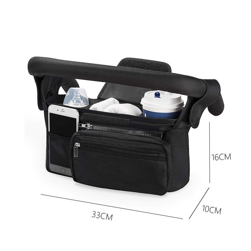 Black Universal Stroller Organizer Bag - Durable Water-Resistant Fabric - Dual Insulated Cup Holders, Large Capacity Storage Caddy for Diapers and Essentials, Fits Most Prams, Travel Friendly Solution