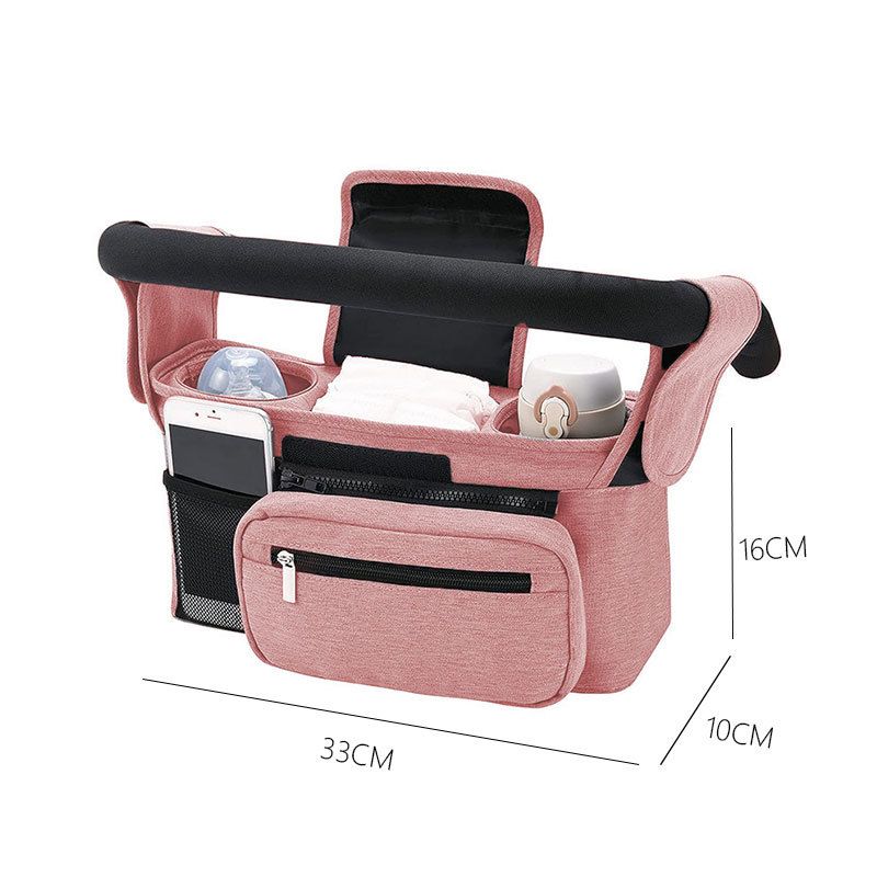 Pink Universal Stroller Organizer Bag - Durable Water-Resistant Fabric - Dual Insulated Cup Holders, Large Capacity Storage Caddy for Diapers and Essentials, Fits Most Prams, Travel Friendly Solution
