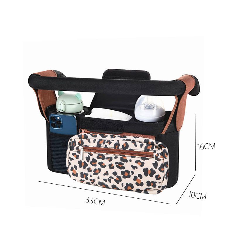 Leopard pattern Universal Stroller Organizer Bag - Durable Water-Resistant Fabric - Dual Insulated Cup Holders, Large Capacity Storage Caddy for Diapers and Essentials, Fits Most Prams, Travel Friendly Solution