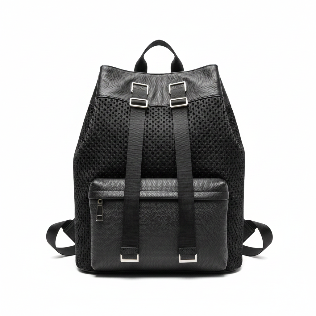 Black Leather Mesh Backpack Studio Shot