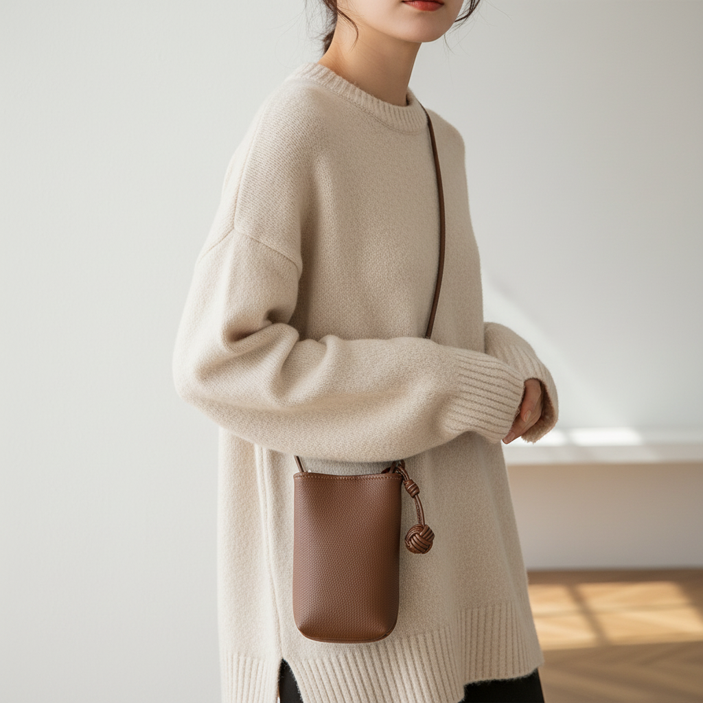 Brown leather crossbody phone bag with knotted ball detail and long strap