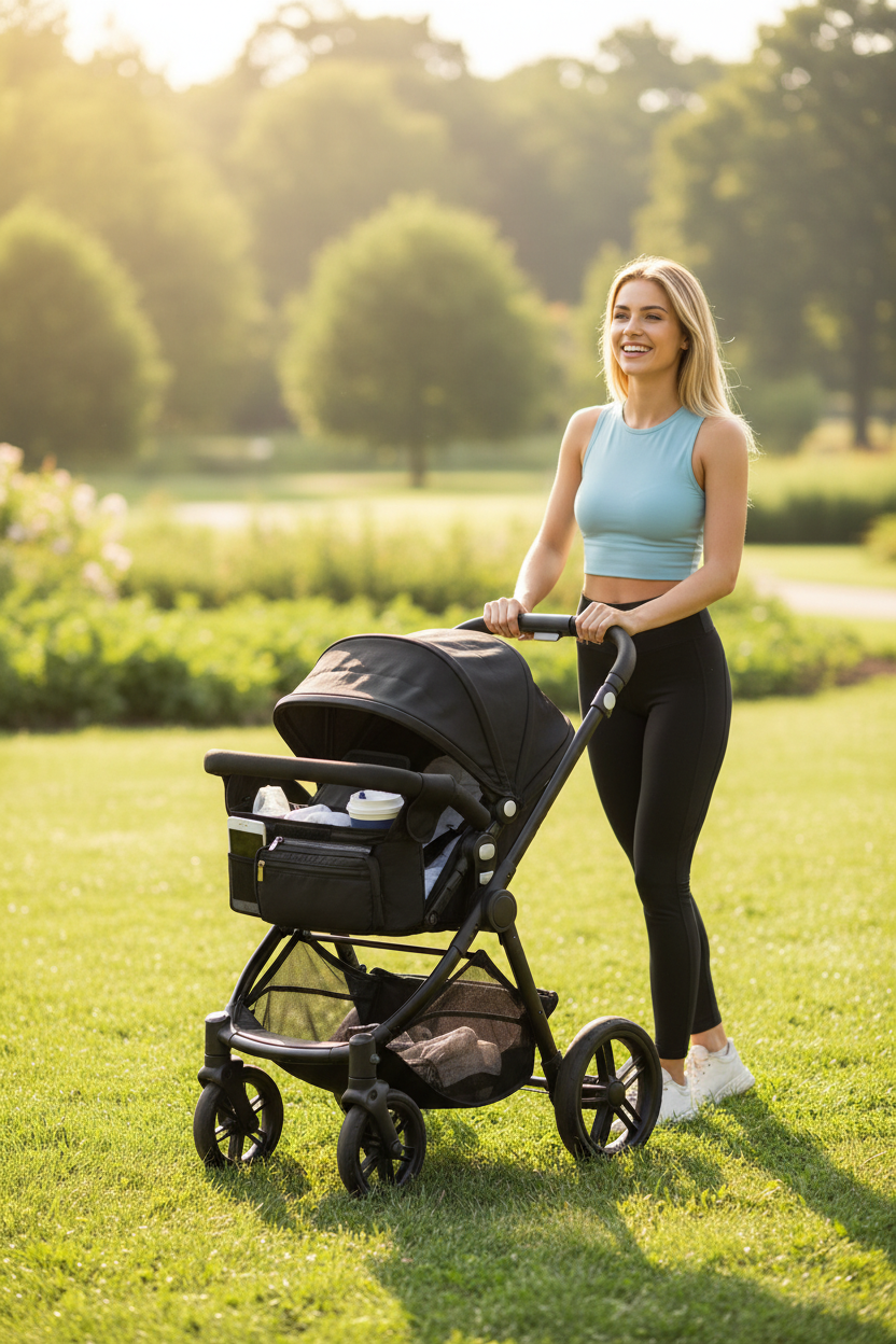Mum using stroller organiser bag on pram in park