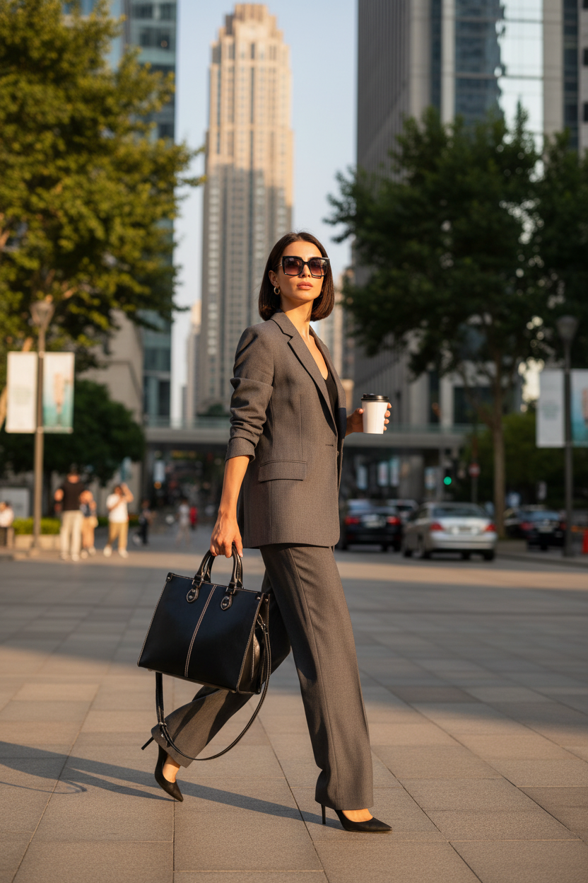 Elegant black leather tote bag with adjustable shoulder strap lifestyle photo