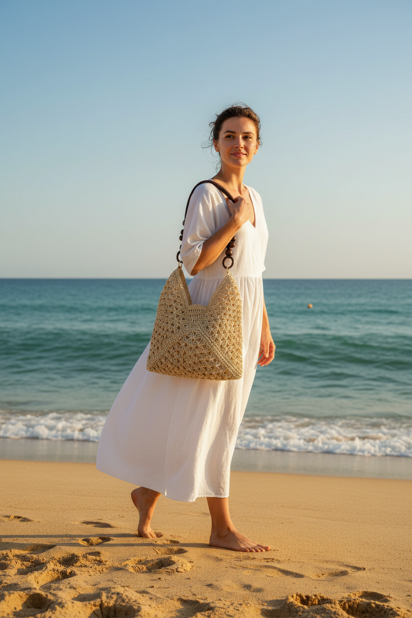 Handmade crochet woven beach shoulder bag lifestyle photo