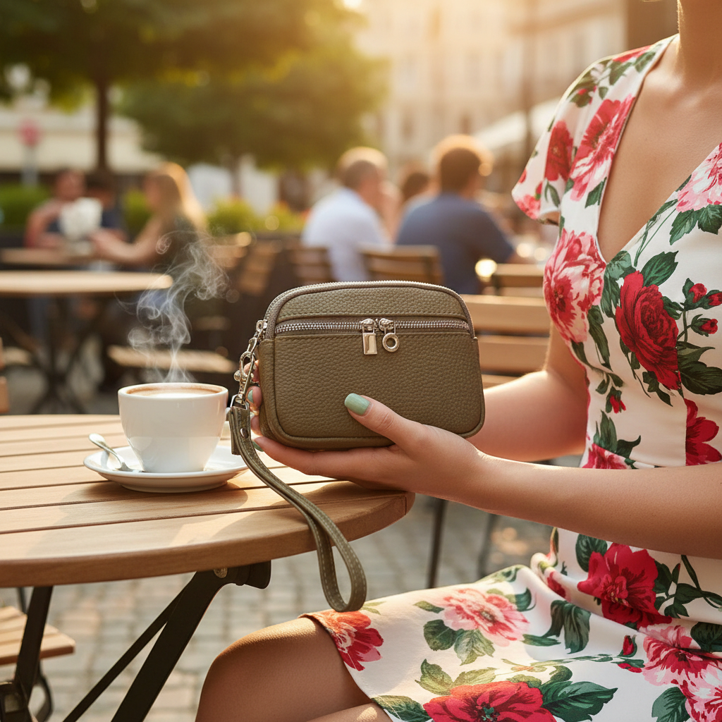 Mini genuine leather wristlet coin purse lifestyle photo