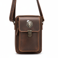 Brown genuine leather crossbody bag with multiple pockets and lion clasp