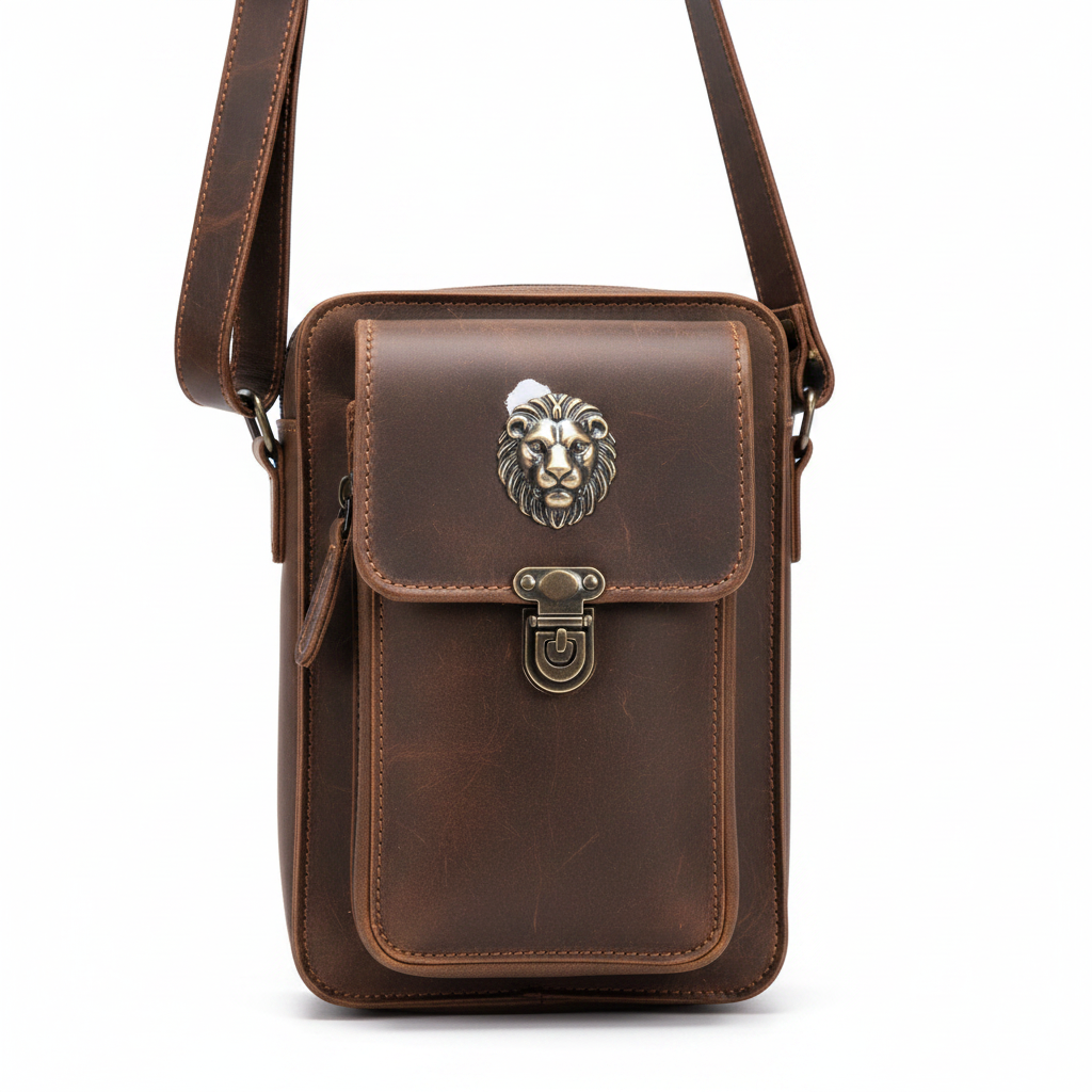 Brown genuine leather crossbody bag with multiple pockets and lion clasp