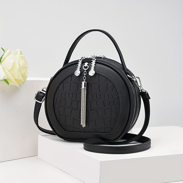 Round Croc-Embossed Handbag with Tassel – Black