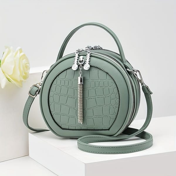 Round Croc-Embossed Handbag with Tassel – Green