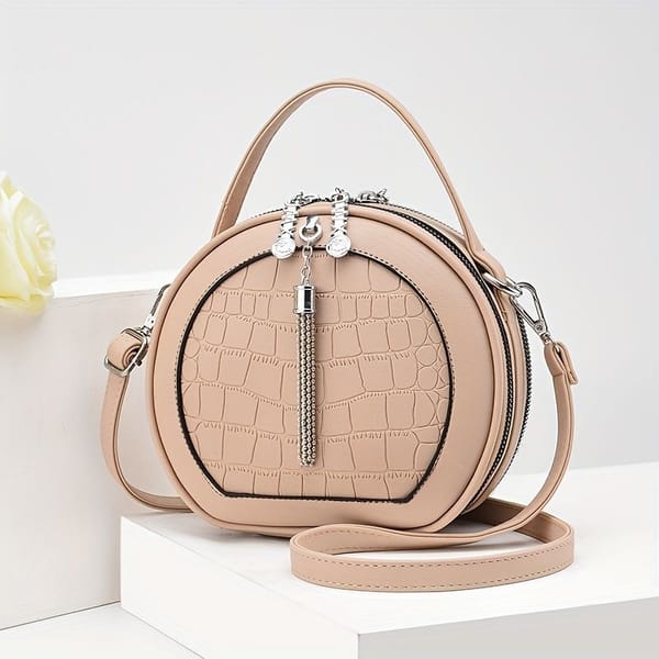 Round Croc-Embossed Handbag with Tassel - Khaki